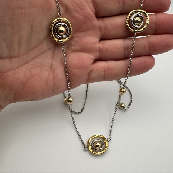 Mixed Metal Long Necklace Silver Gold Tone Spinning Rings Beads 36” - Picture 3 of 4